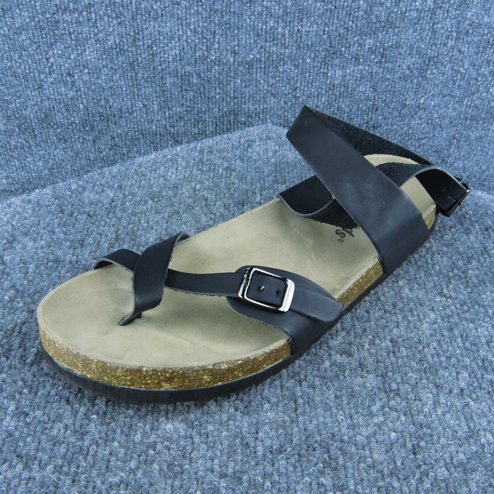 Outwoods Women Ankle Strap Sandal Shoes Black Leather Size 10 Medium